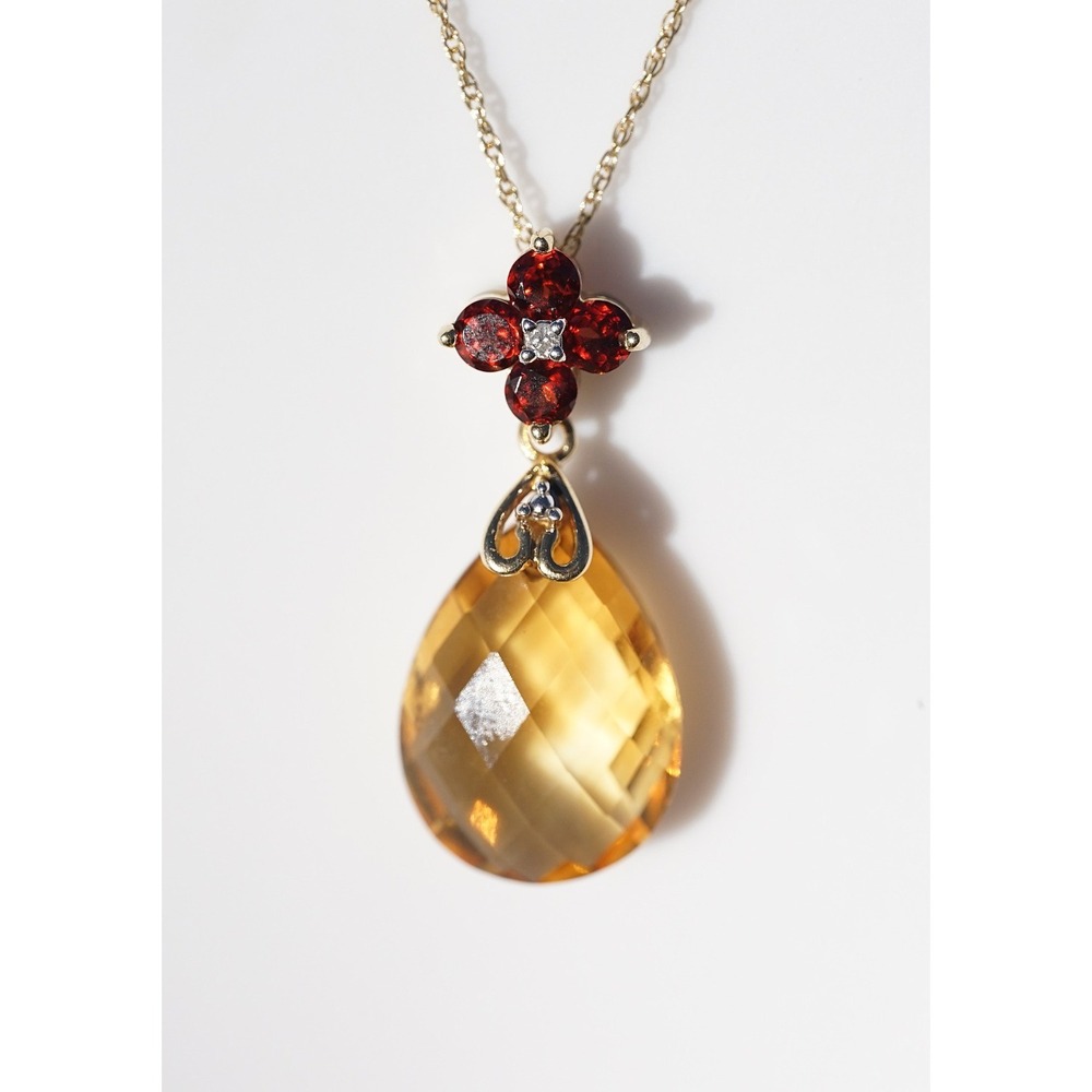 Modern 14K Solid Gold Garnet Flower & Diamond Accent Citrine Drop Pendant 2.55g